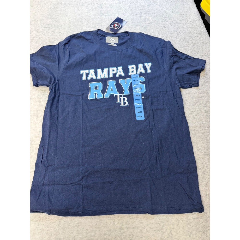 Majestic Tampa Bay Rays MLB Navy‎ Blue Graphic T-Shirt Mens Large NWT 7F06-4506